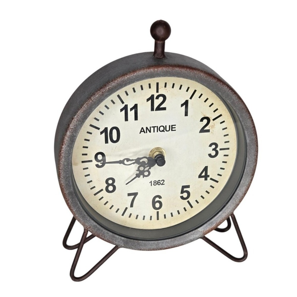Antique Round Tabletop Silver Galvanized Metal Mantel Clock Farmhouse Rustic